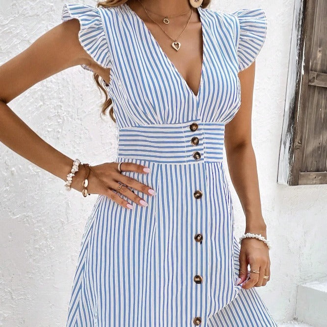 DOUTZEN | Zomerjurk met Streepprint & Knoopsluiting – Blauwwit, V-hals, Mouwloos & Elegante Pasvorm
