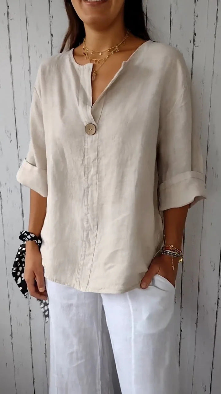 SILVIA | Linnen Blouse Dames met V-hals en Houten Knoop – Luchtige Zomer Top