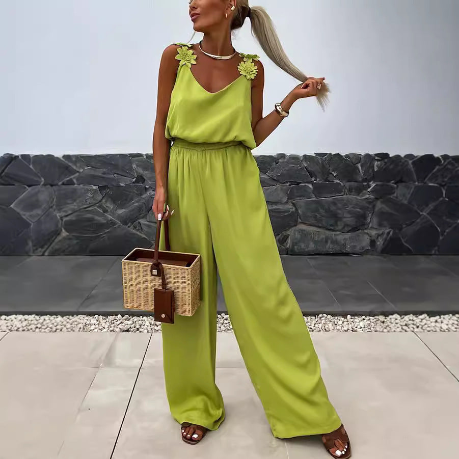 HIND | Dames Jumpsuit met Bloemdetail – Mouwloos & Wijde Pijpen