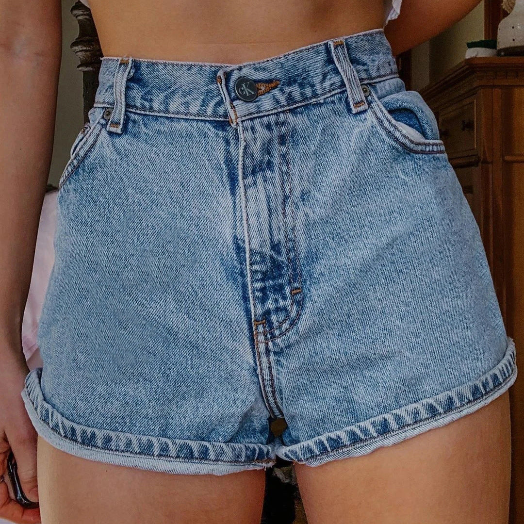 SOLEIL | Denim Short High Waist met Zon en Bloemenprint – Boho Festival Musthave