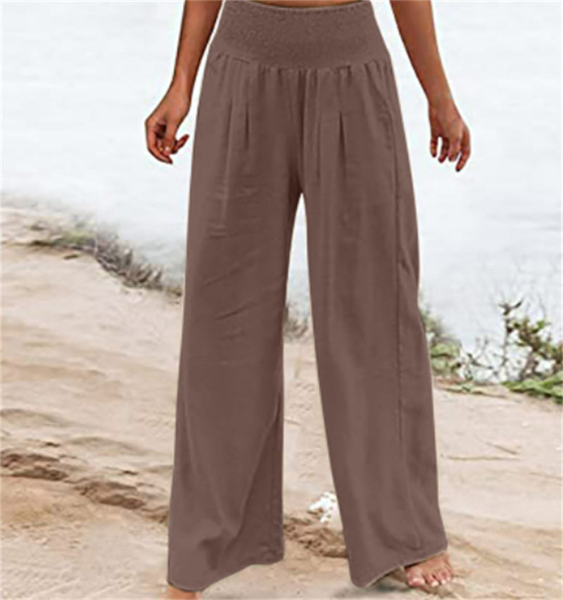 LEONORE | Linnen Look Wide Leg Broek Dames – Hoge Taille Zomerbroek met Elastische Band