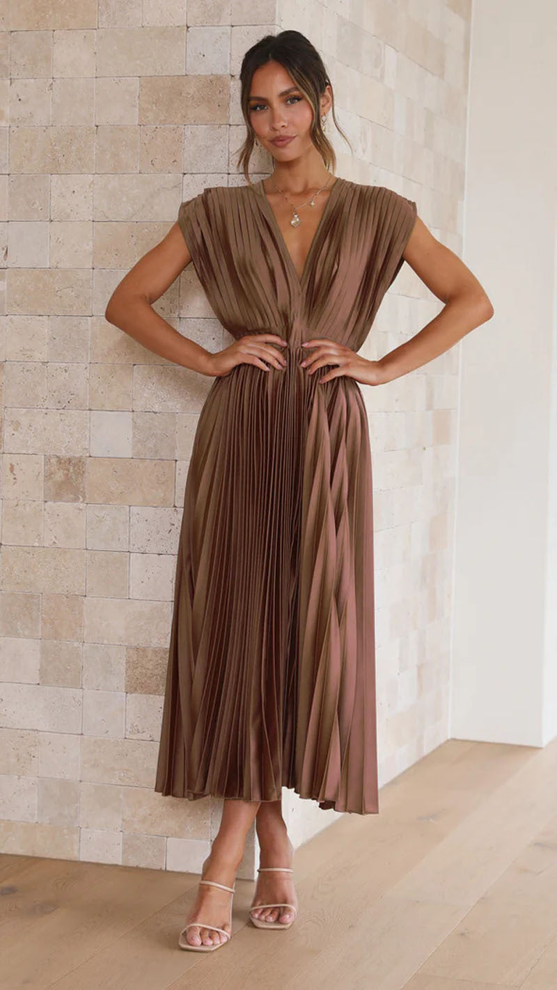 ELLEN | Plissé Midi Jurk met Diepe V-Hals – Elegante Avondjurk