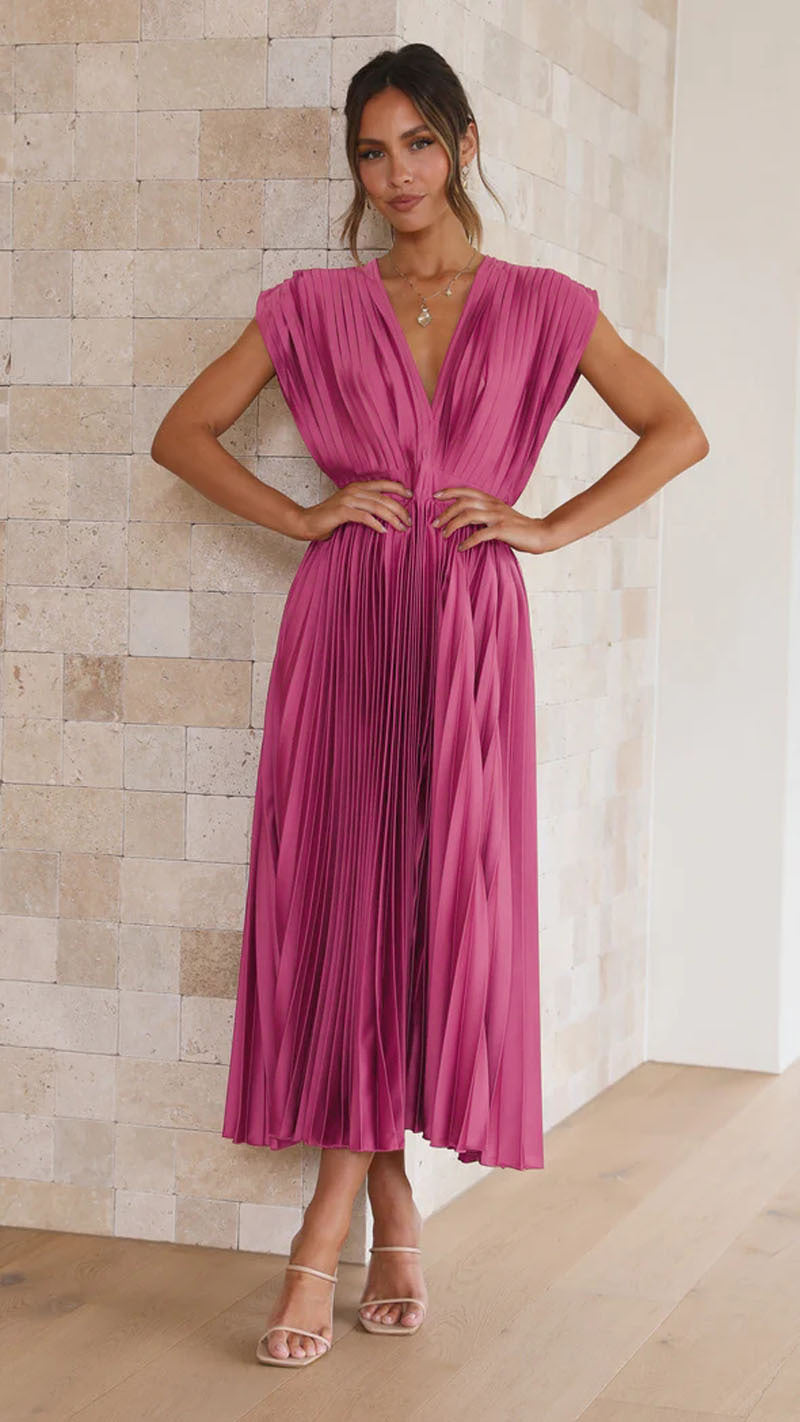 ELLEN | Plissé Midi Jurk met Diepe V-Hals – Elegante Avondjurk