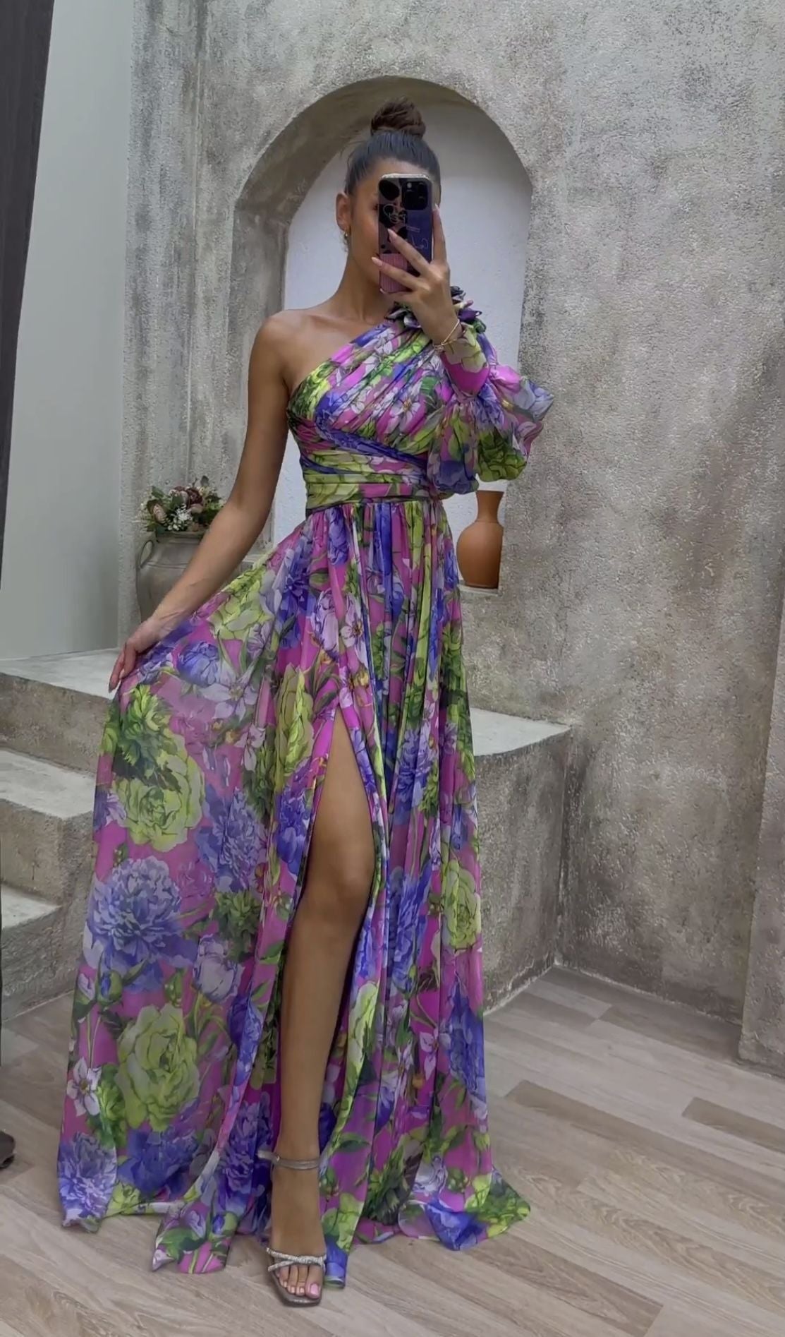 SABINE | One Shoulder Maxi Jurk – Elegante Bloemenjurk met Hoge Split