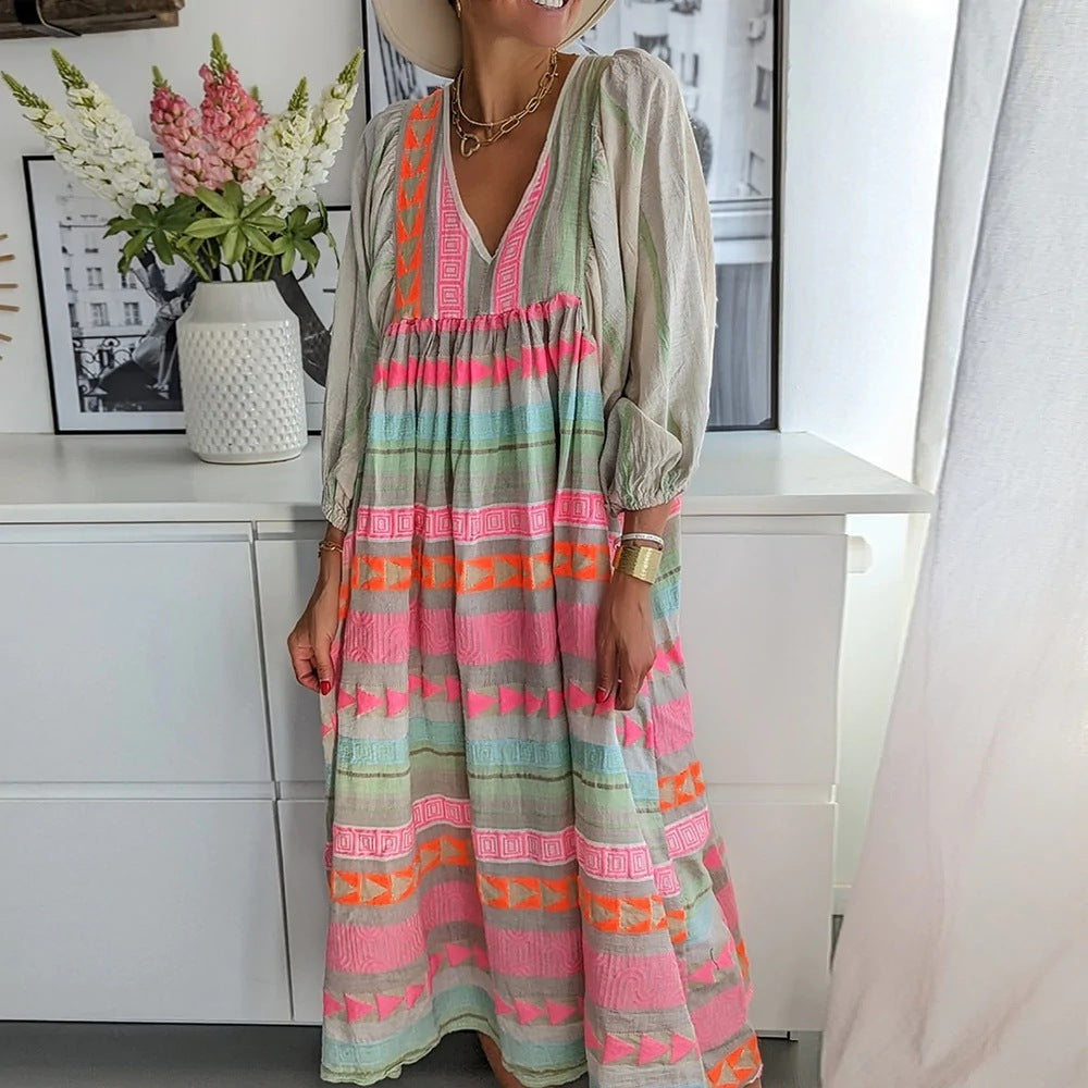 YUNE | Bohemian Maxi Jurk Dames - Kleurrijke Zomerjurk met V-Hals