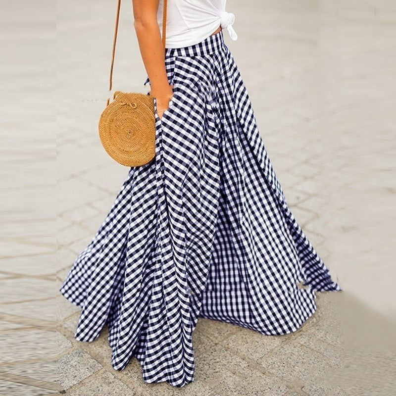 AMANDA | Maxi Rok met Ruitjesprint - Blauw-Wit en Zwart-Wit - Stijlvol en Boho