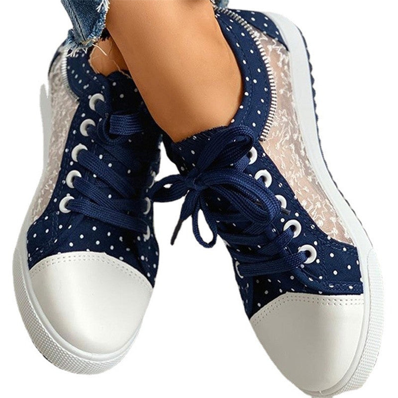 EMY | Luchtige Dames Sneakers – blauw met Kant & Polkadots