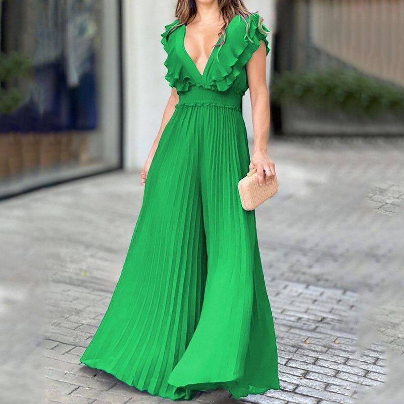 VIVE | Elegante Plissé Jumpsuit met Ruffles – Voor Feest, Zomer & Avondlook