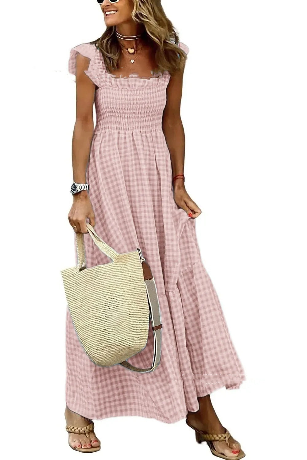 YNES | Geruite Maxi Jurk Dames - Zomerjurk met Ruches - Meerdere Kleuren