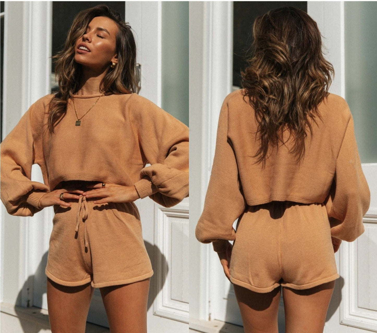 MORGANE | Loungewear Set Dames – Crop Sweater & Shorts met Strik