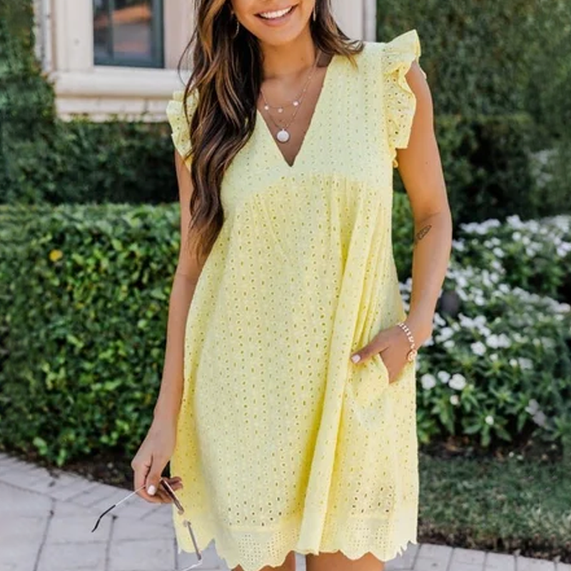NAOMI | Luchtige Katoenen Zomerjurk – Broderie Look met V-Hals