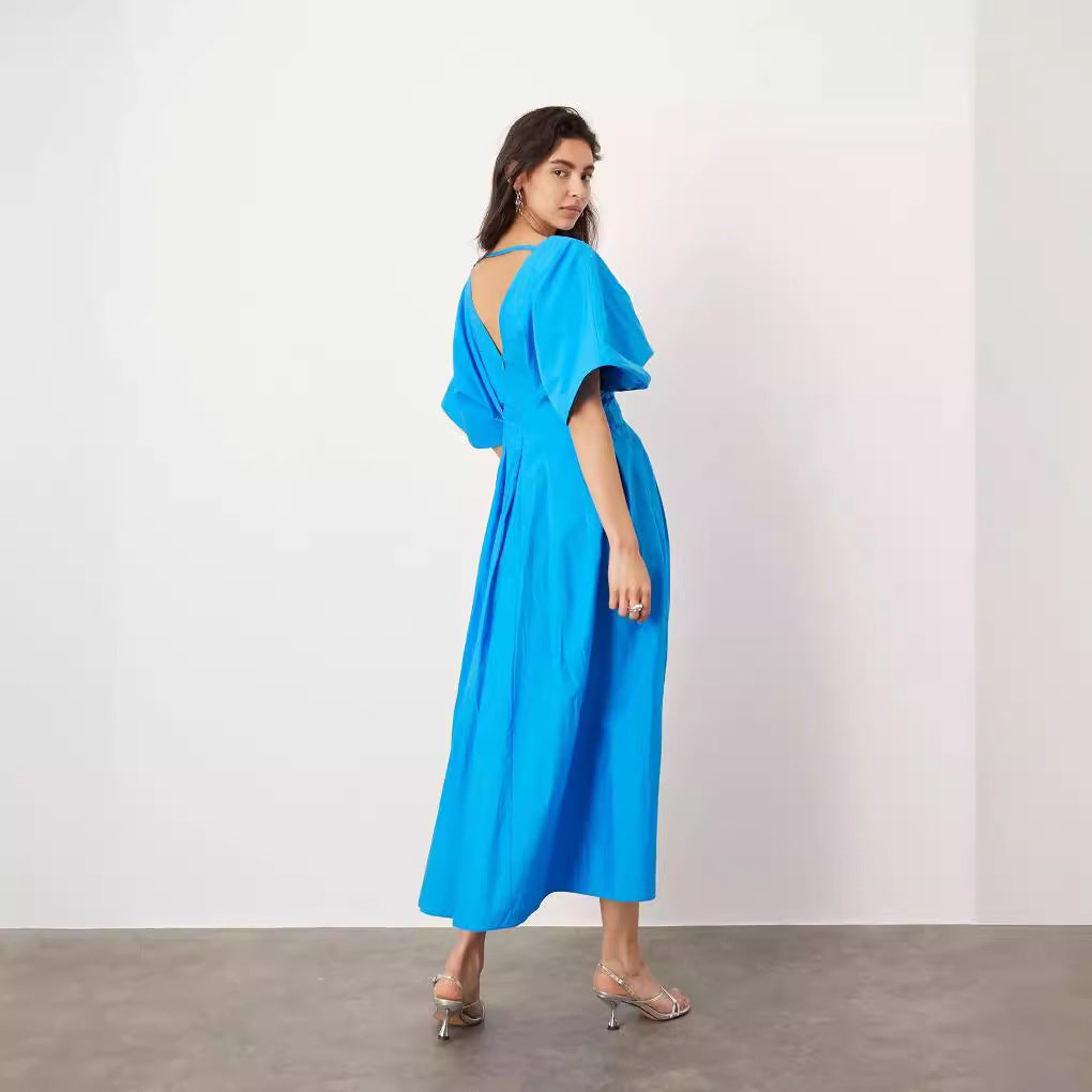 VIEN | Hemelsblauwe Maxi Jurk Dames – Elegante Zomerjurk Met V-Hals en Vlindermouwen