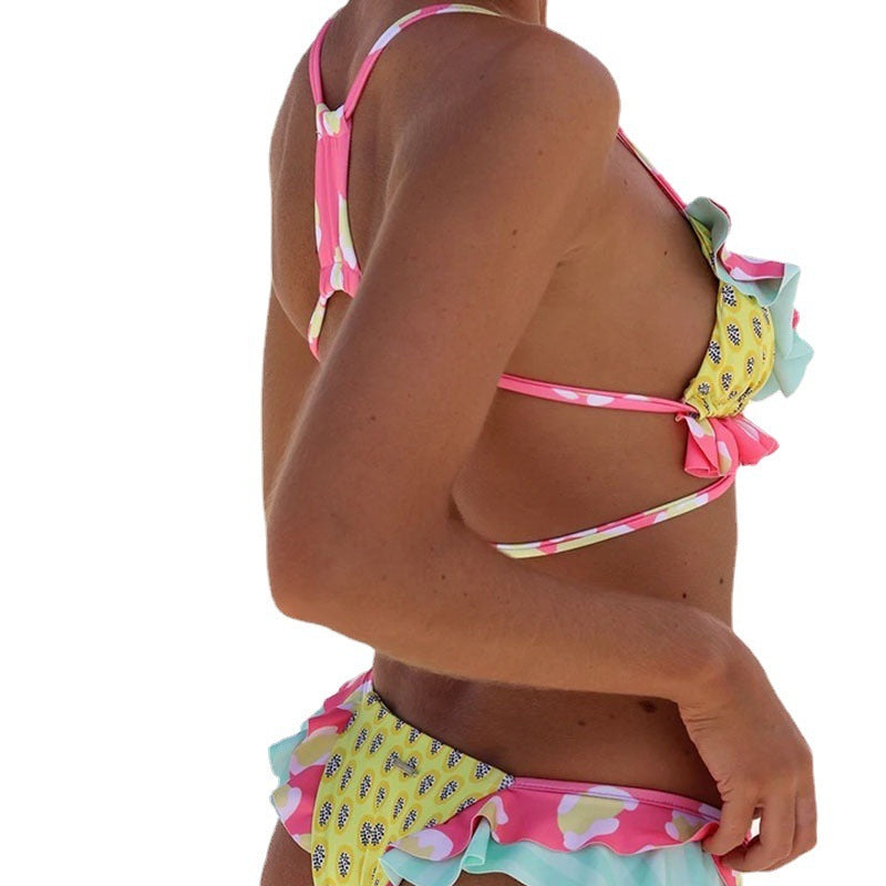 FIENE | Kleurrijke Bikini met Ruches – Triangel Bikini met Tropische Print voor Dames