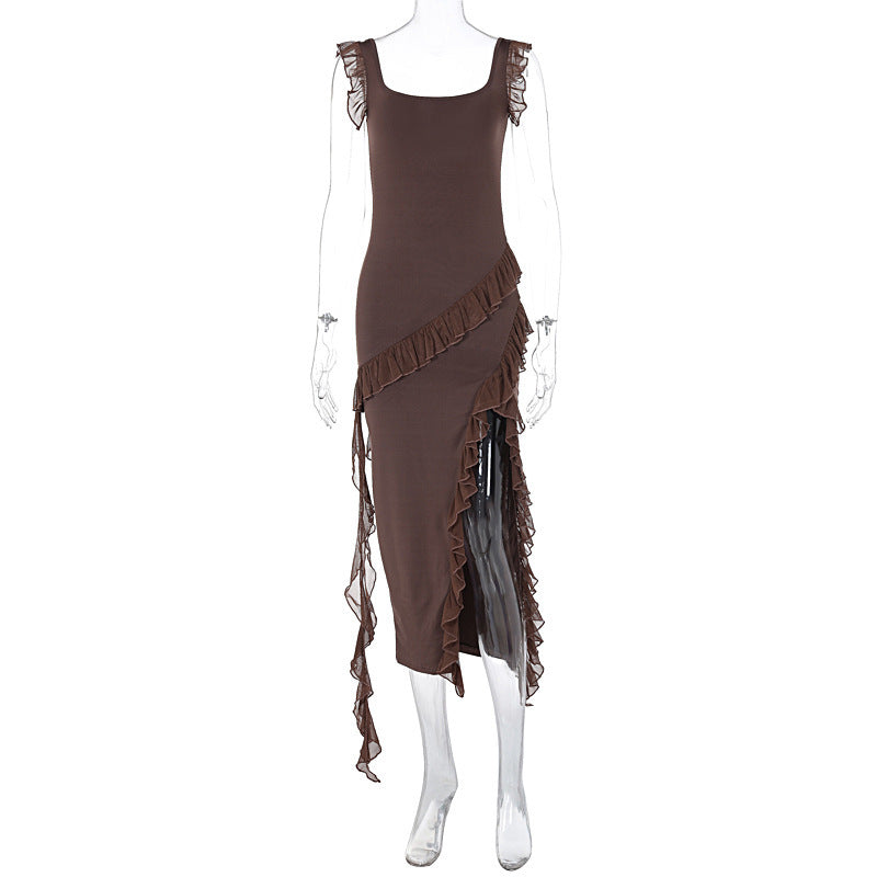 KATY | Ruffle Split Maxi Jurk – Speelse Elegantie met Ruches