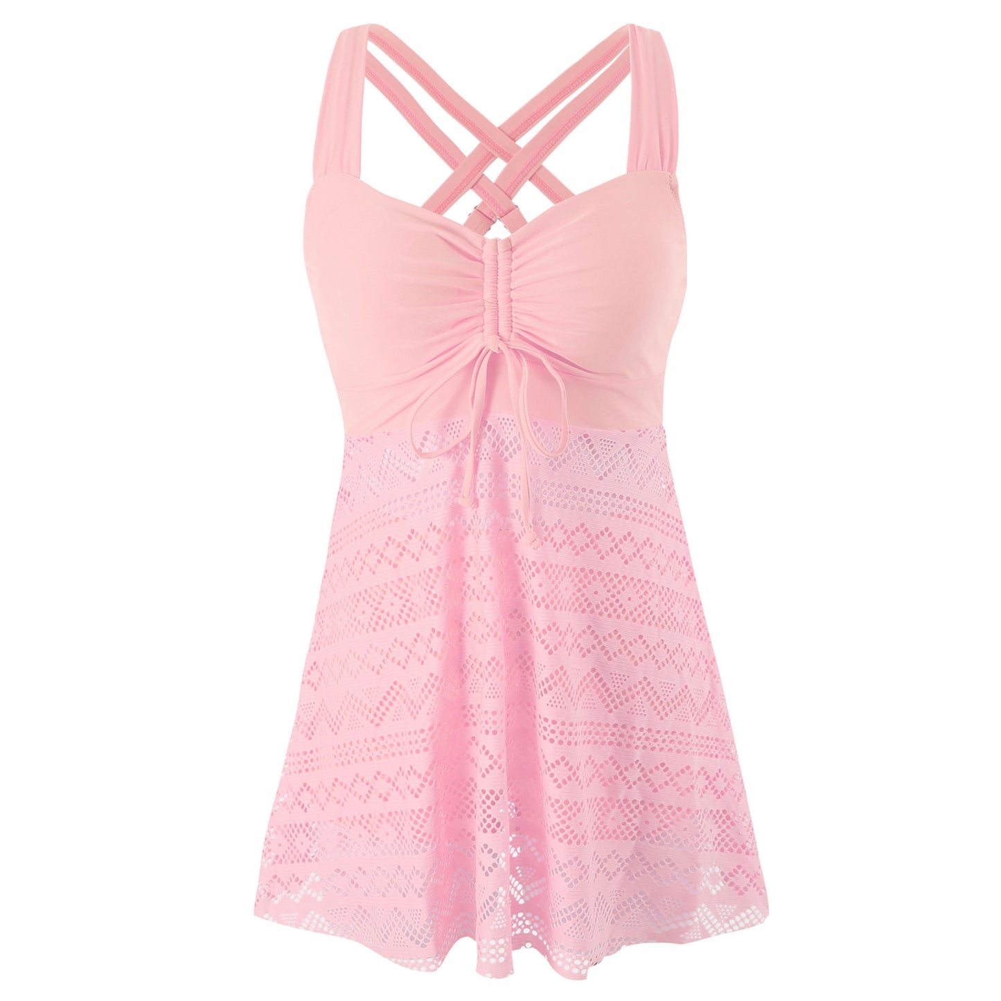 EVA | Elegante Tankini Jurk met Kant – Flatterend Badpak met Rokje en Gekruiste Rugbandjes