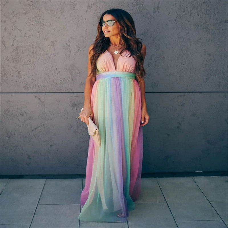 BESS | Regenboog Tule Avondjurk – Speelse Elegantie in Maxi-Lengte