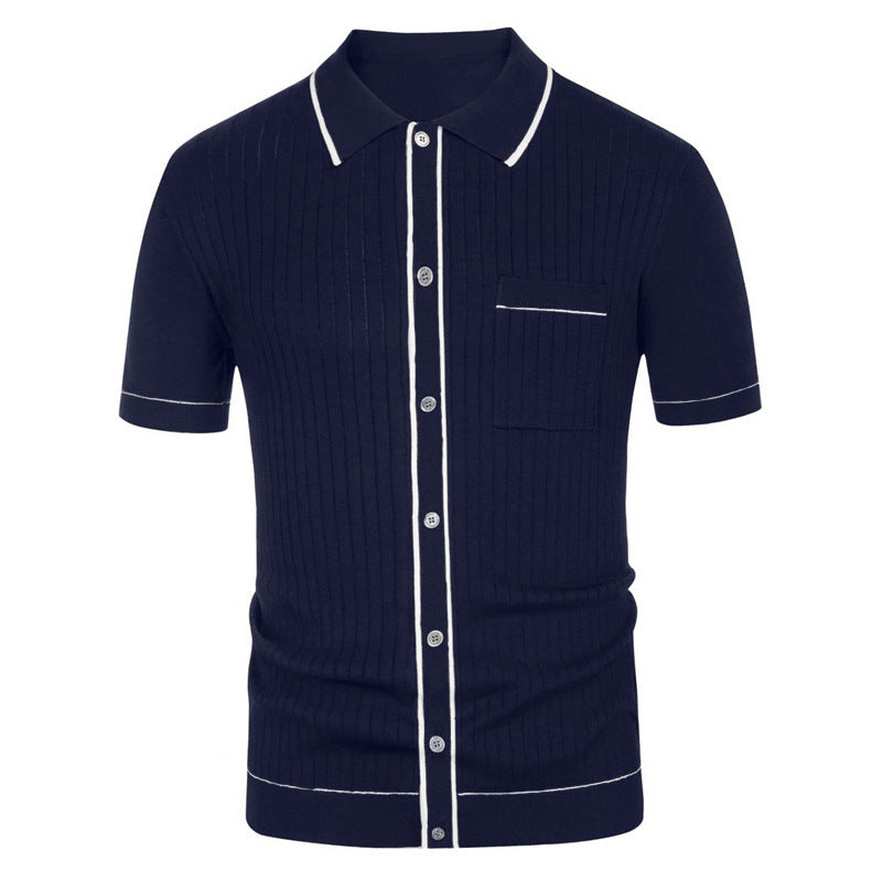AARON | Gebreide Retro Polo Heren – Korte Mouw Shirt Met Knoopsluiting en Contrastbiezen