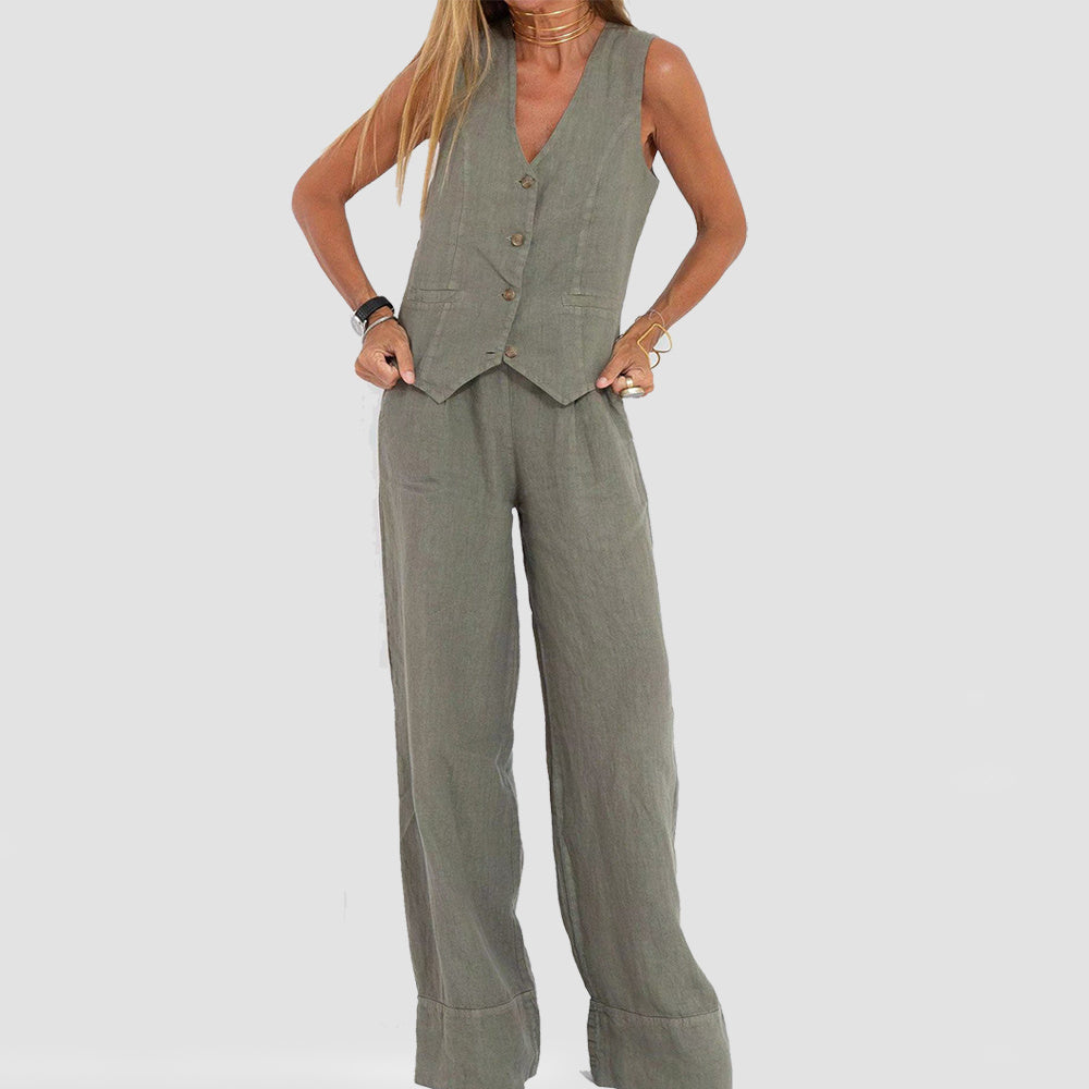 BENTHE | Twee-Delige Linnen Look Set – Gilet met Wijde Broek voor Dames