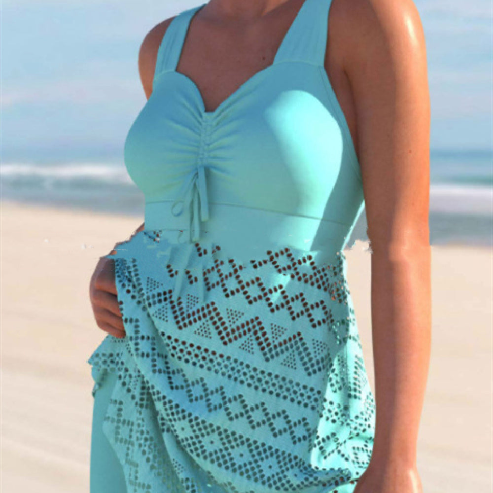 EVA | Elegante Tankini Jurk met Kant – Flatterend Badpak met Rokje en Gekruiste Rugbandjes