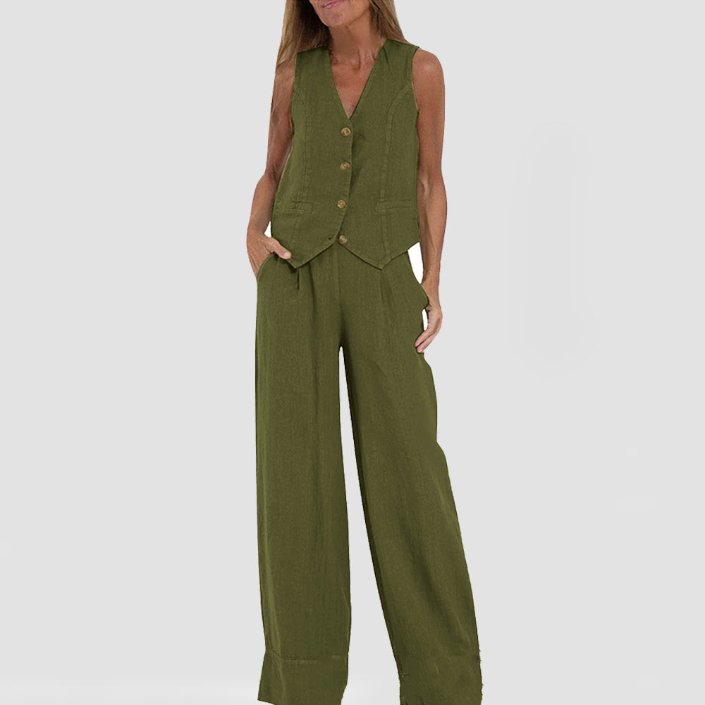 BENTHE | Twee-Delige Linnen Look Set – Gilet met Wijde Broek voor Dames
