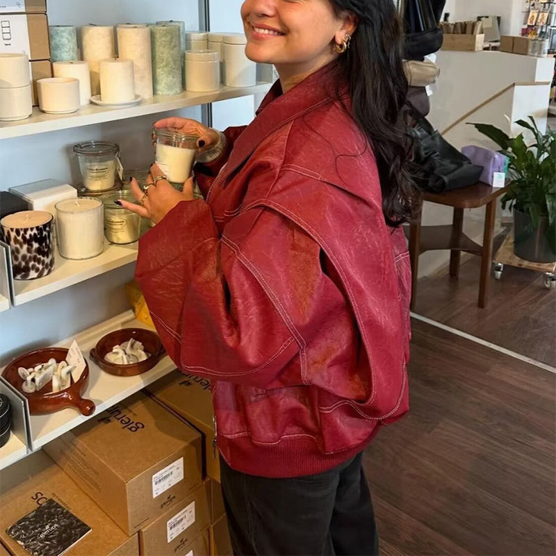VIVIEN | Wijnrode Oversized leren Jas Dames – Trendy Streetstyle met Vintage Look