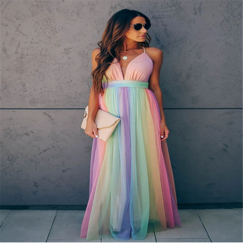 BESS | Regenboog Tule Avondjurk – Speelse Elegantie in Maxi-Lengte