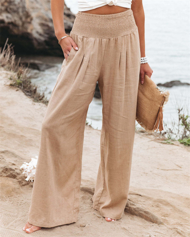 LEONORE | Linnen Look Wide Leg Broek Dames – Hoge Taille Zomerbroek met Elastische Band