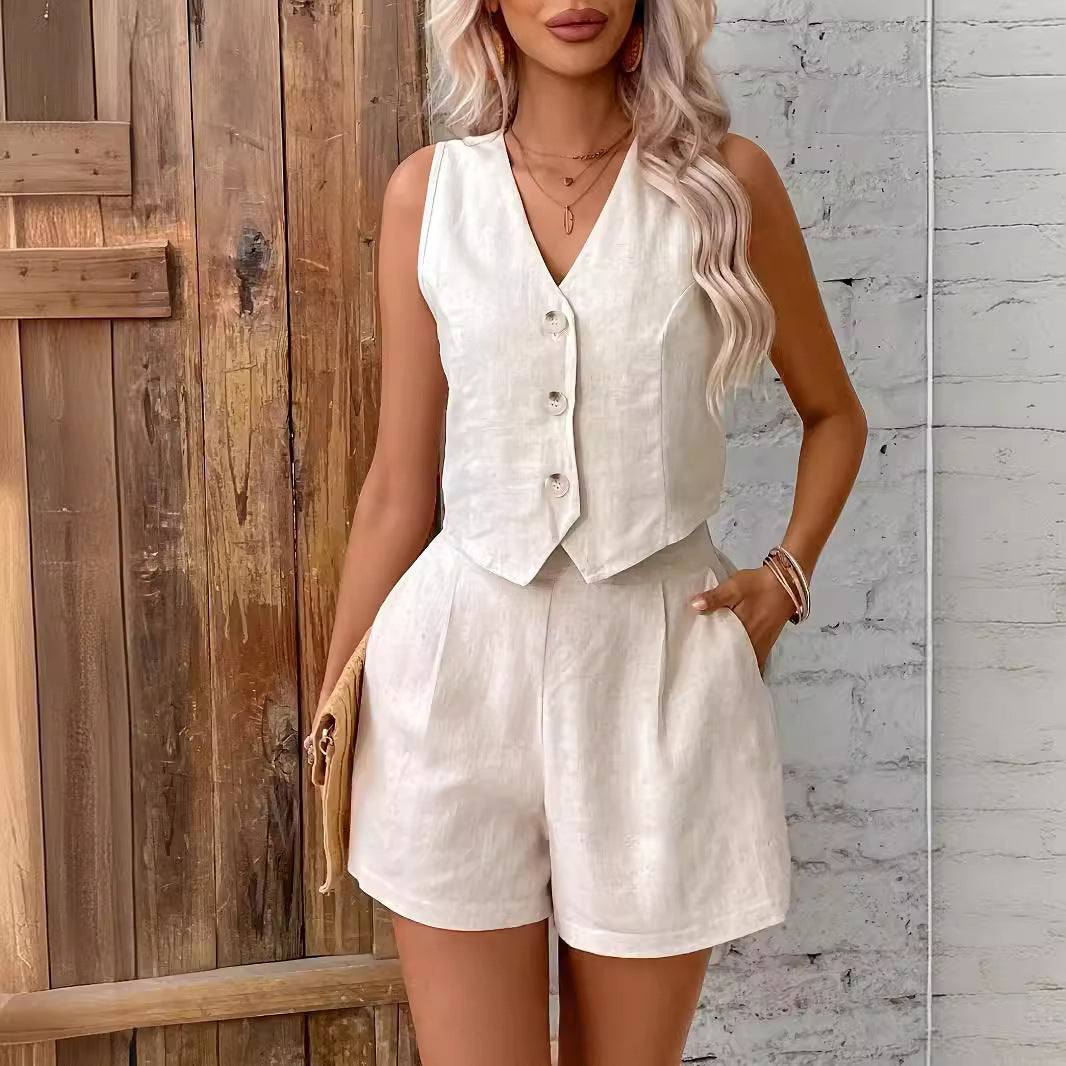 SALLY | Tweedelige Linnenlook Set – Gilet & Short voor Zomer