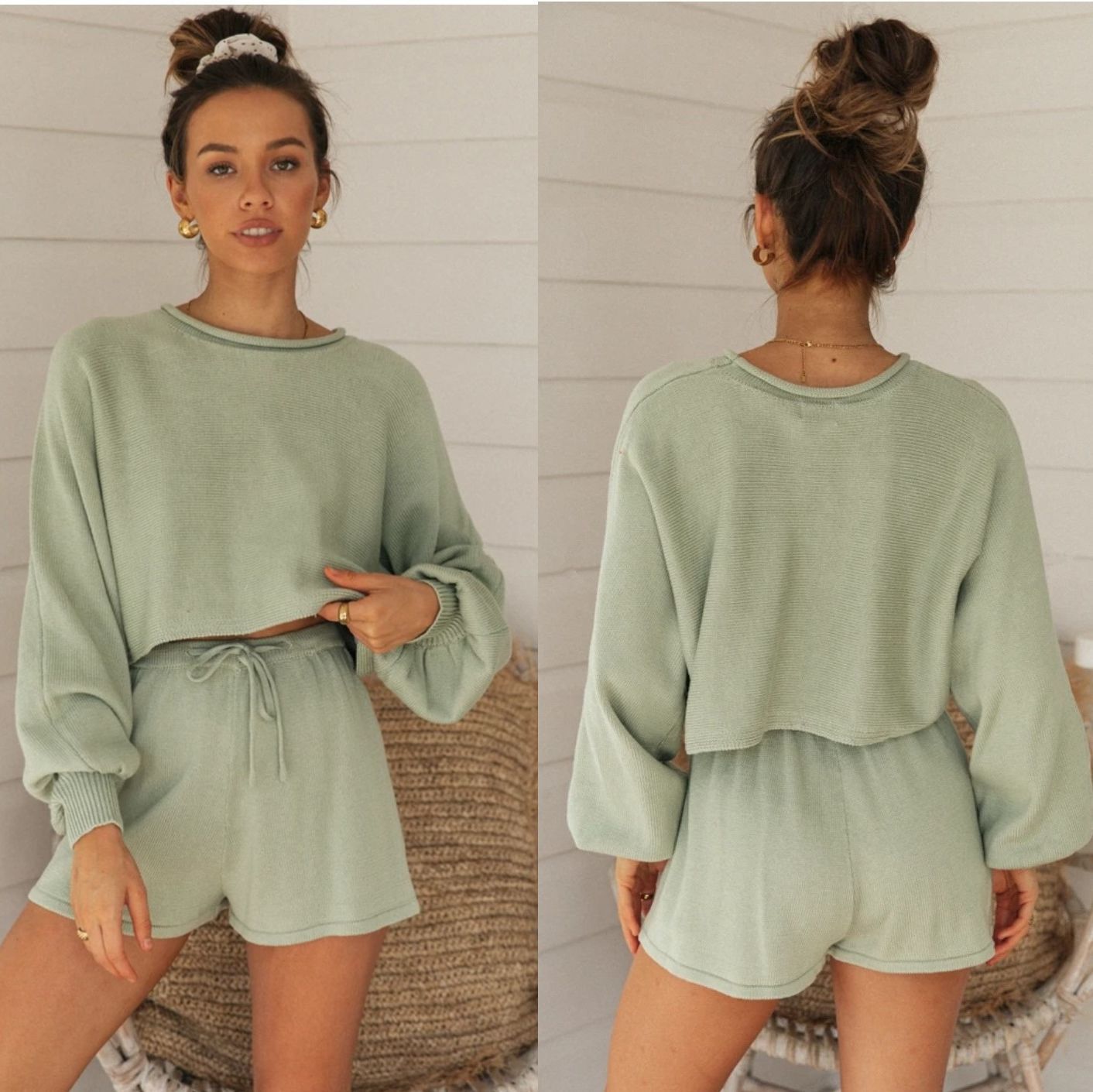 MORGANE | Loungewear Set Dames – Crop Sweater & Shorts met Strik