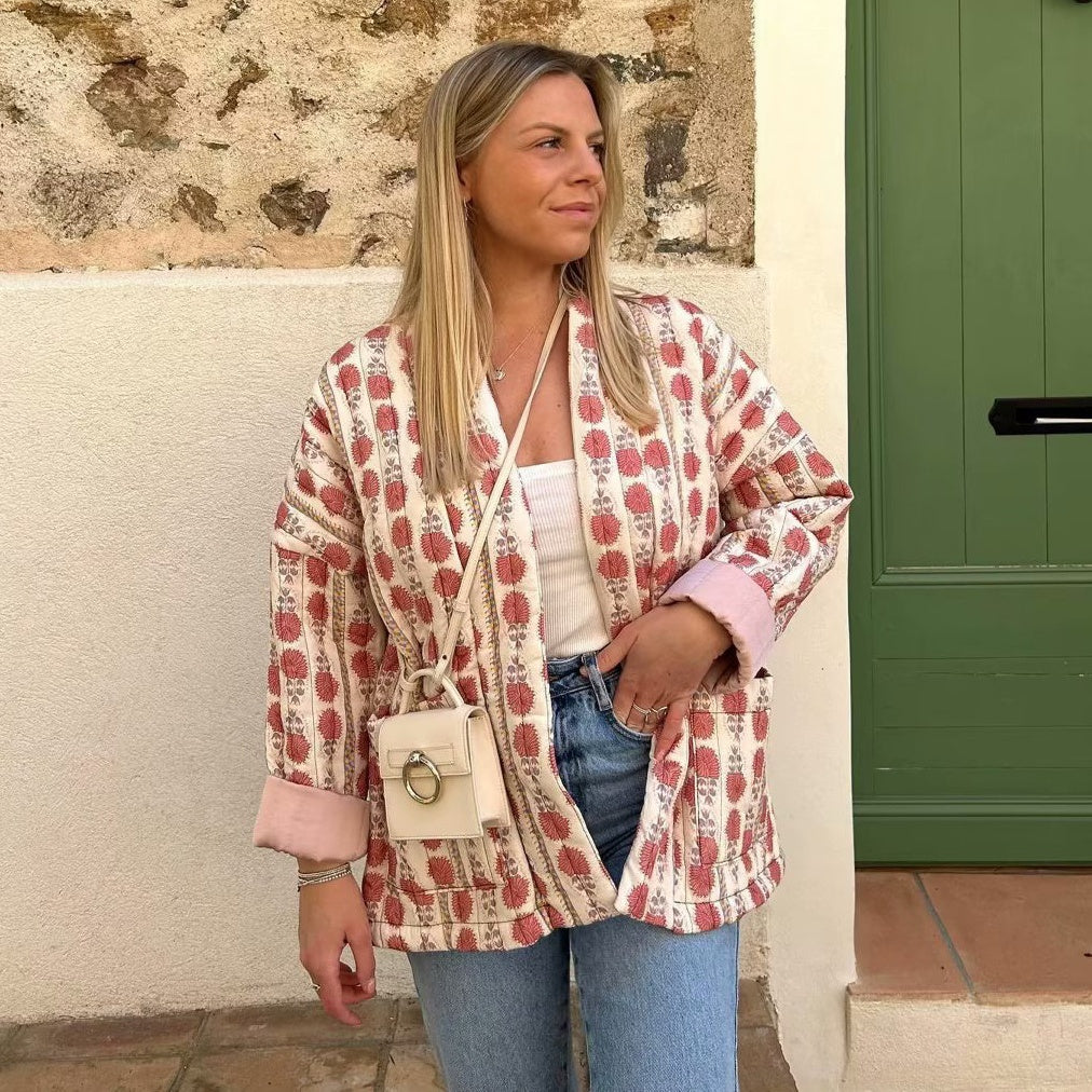 NANOU | Boho Kimono Blazer – Katoenen Printjack met Plantenmotief