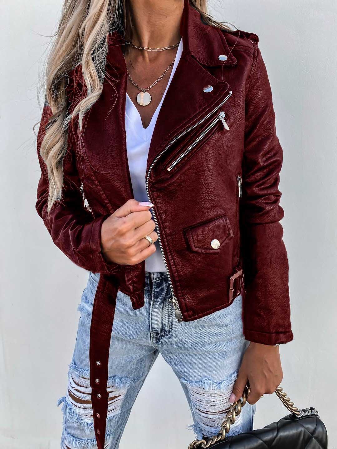 YASMIN | Faux Leren Bikerjack Dames β Getailleerd Model met Ritsen & Riem