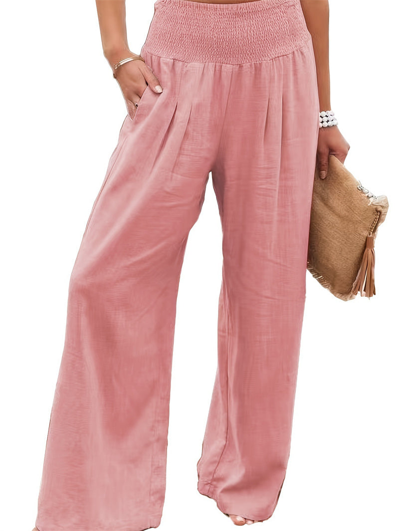 LEONORE | Linnen Look Wide Leg Broek Dames – Hoge Taille Zomerbroek met Elastische Band