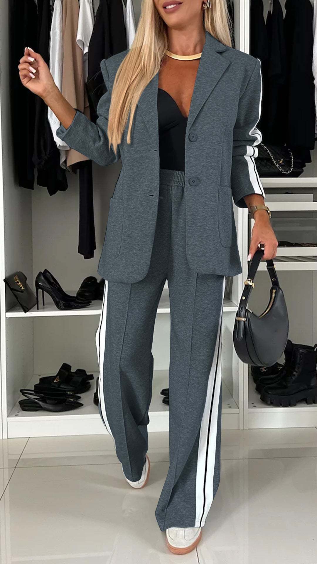 MONE | Damespak met Sportieve Strepen - Comfortabele Blazer Set Dames