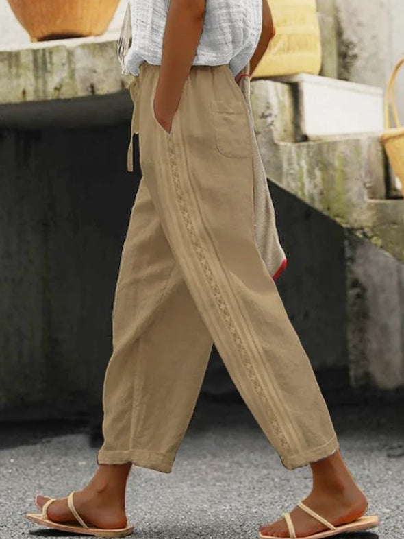 ÉLODIE | Linnen Broek Dames met Blauw Bloemenborduursel – Boho Witte Zomerbroek
