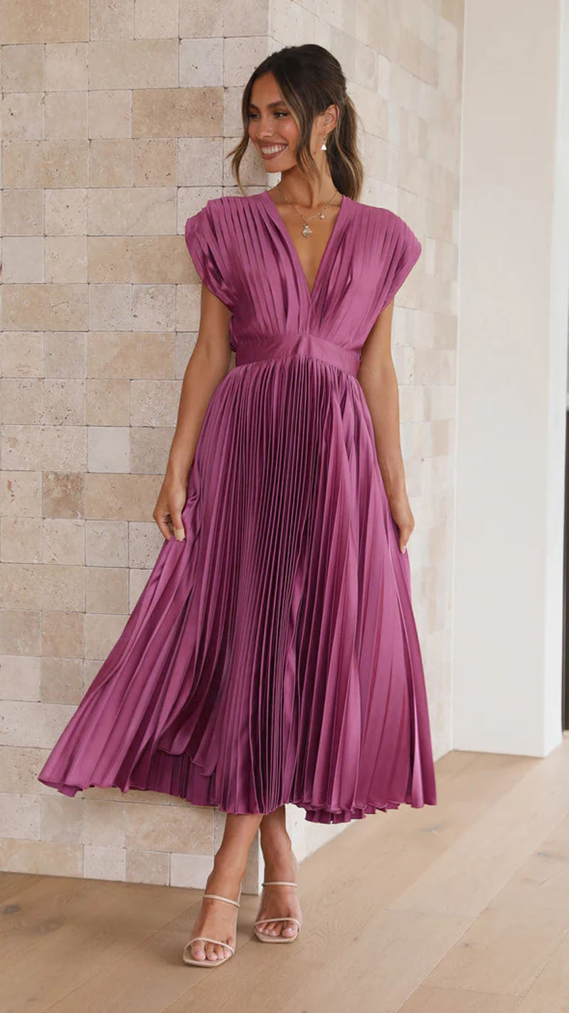ELLEN | Plissé Midi Jurk met Diepe V-Hals – Elegante Avondjurk