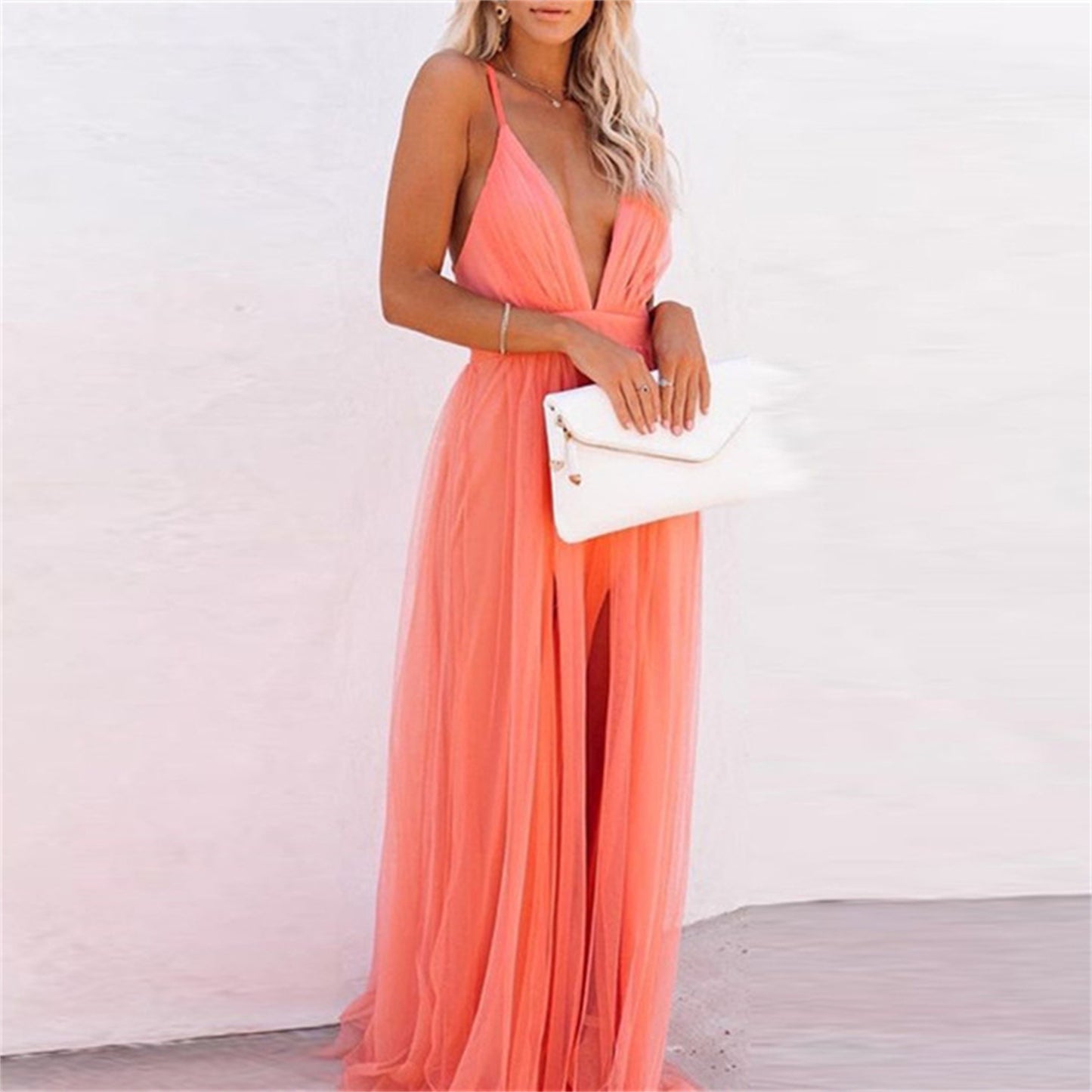JOCELYNE | Tulle Zomerjurk met V-hals en Spaghettibandjes – Luchtig & Elegant (S t/m XL)