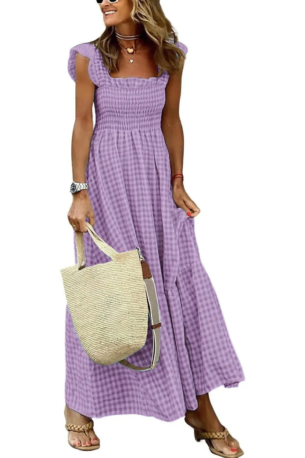 YNES | Geruite Maxi Jurk Dames - Zomerjurk met Ruches - Meerdere Kleuren