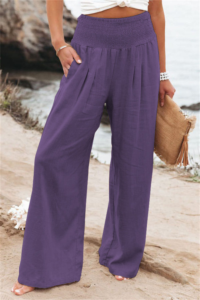 LEONORE | Linnen Look Wide Leg Broek Dames – Hoge Taille Zomerbroek met Elastische Band