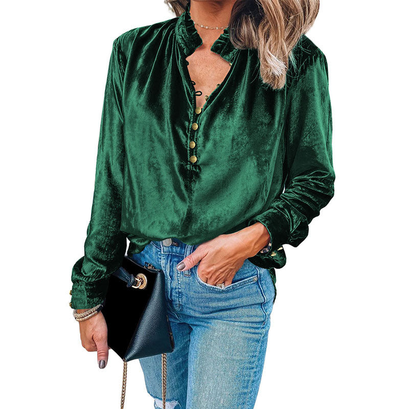 FAYE | Velvet Ruffle Blouse – Luxe Glans & Elegante Details