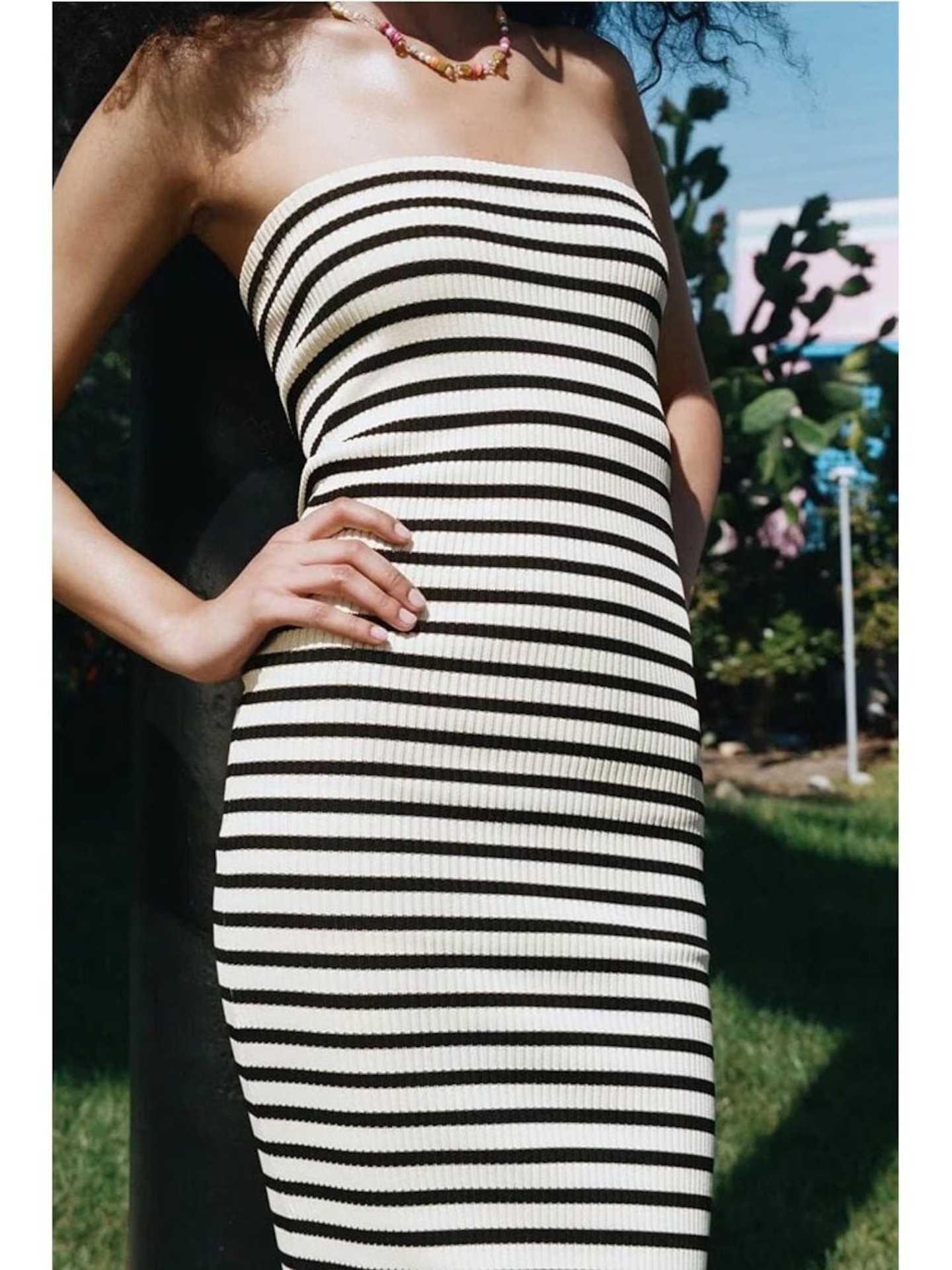 BLANCHE | Strapless Gestreepte Bodycon Jurk – Zwarte & Witte Elegantie
