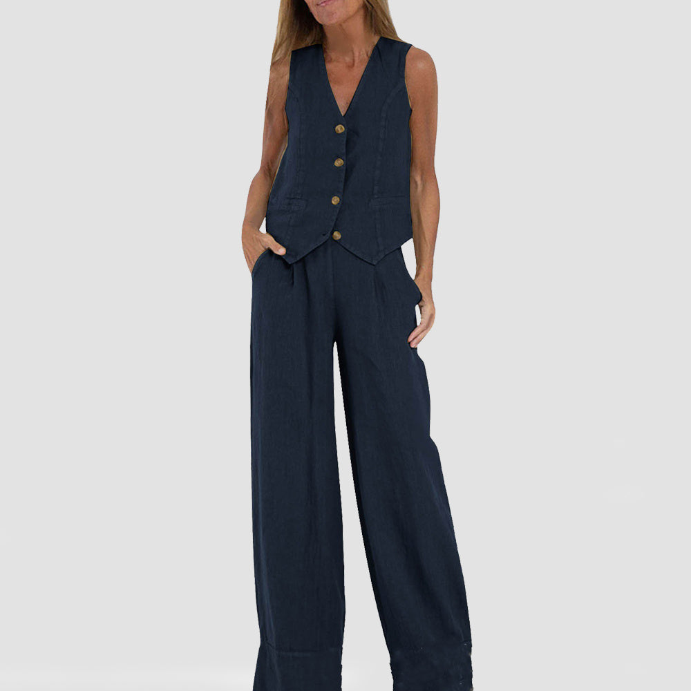 BENTHE | Twee-Delige Linnen Look Set – Gilet met Wijde Broek voor Dames