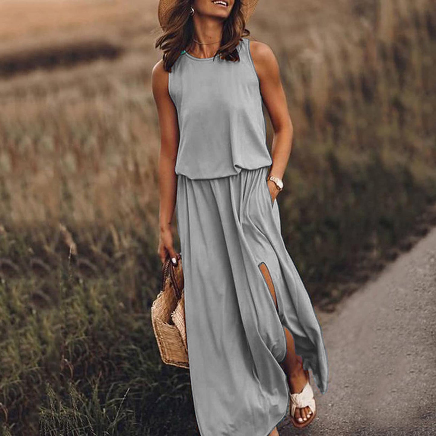 ZENDAYA | Mouwloze Maxi Jurk met Split – Casual Zomerjurk met Pockets