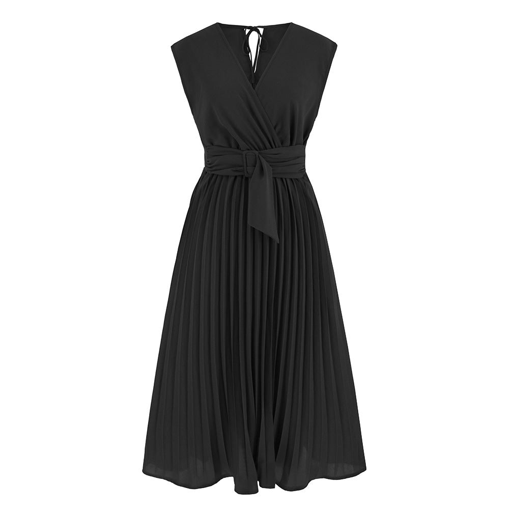 HALINA | Plissé Midi Jurk met V-Hals en Strik – Meerdere Kleuren