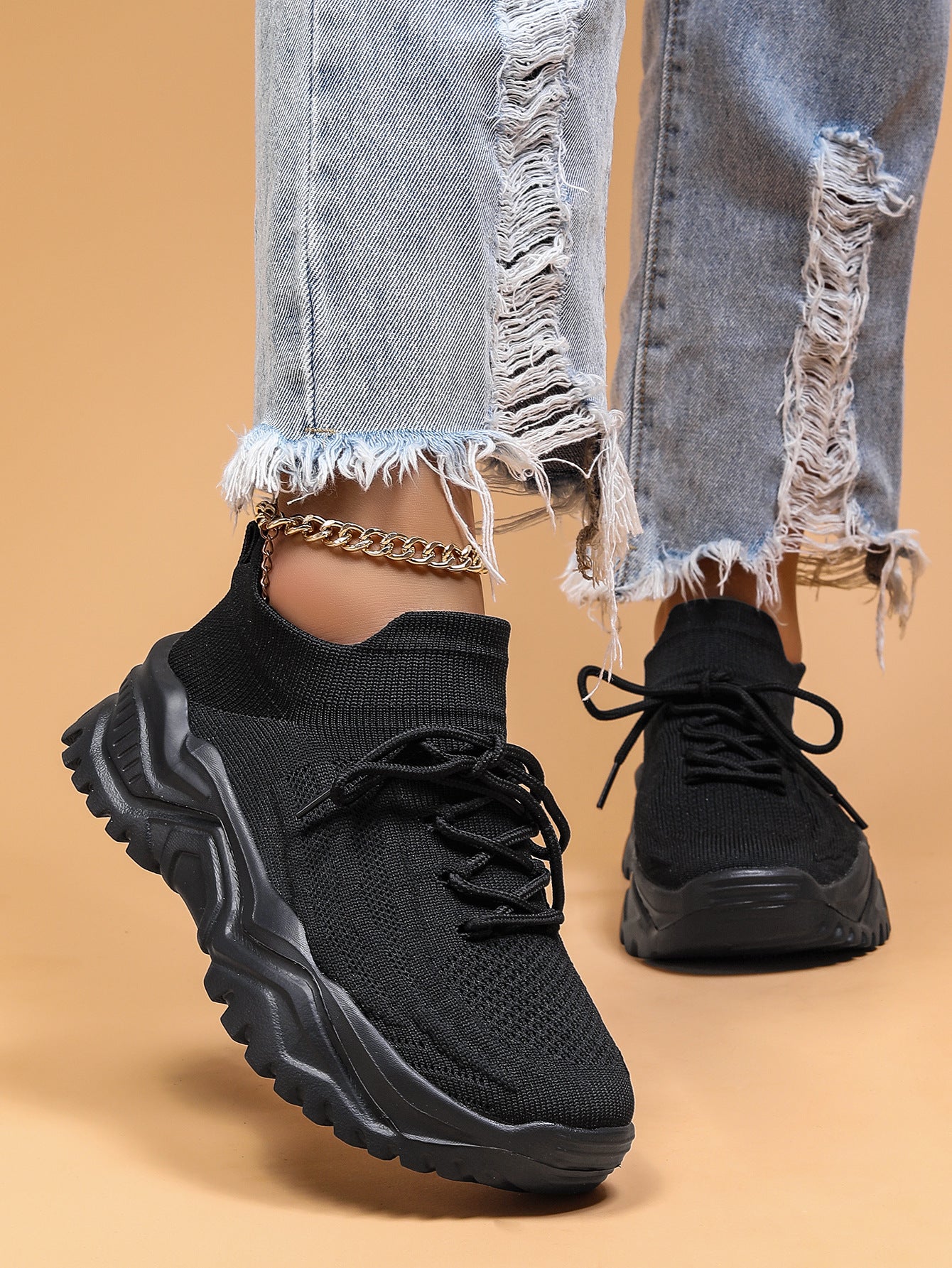 CLAUDINE | Chunky Sneakers Dames met Knit Detail – Comfortabele Urban Schoenen