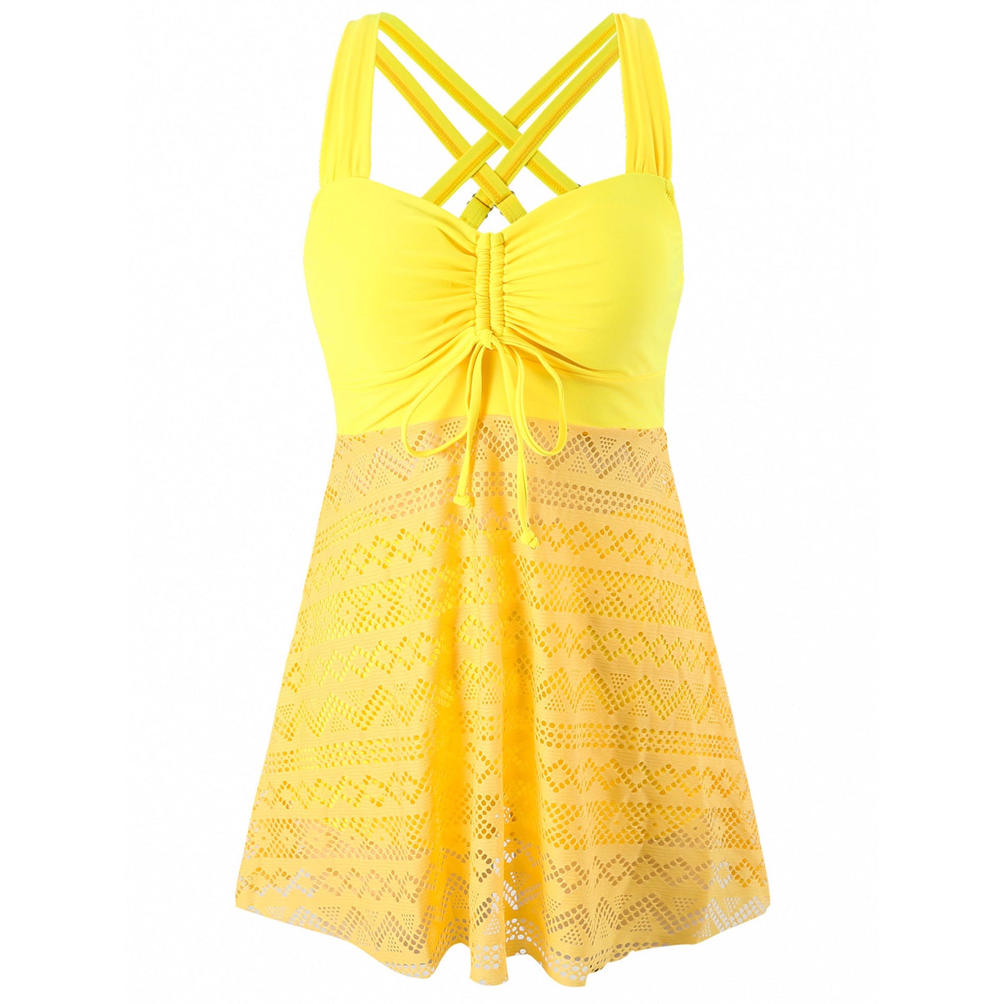 EVA | Elegante Tankini Jurk met Kant – Flatterend Badpak met Rokje en Gekruiste Rugbandjes