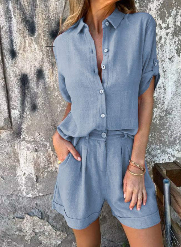 PLEUN | Linnenlook Co-ord Set – Zomerse Dames Blouse met Short in Meerdere Kleuren