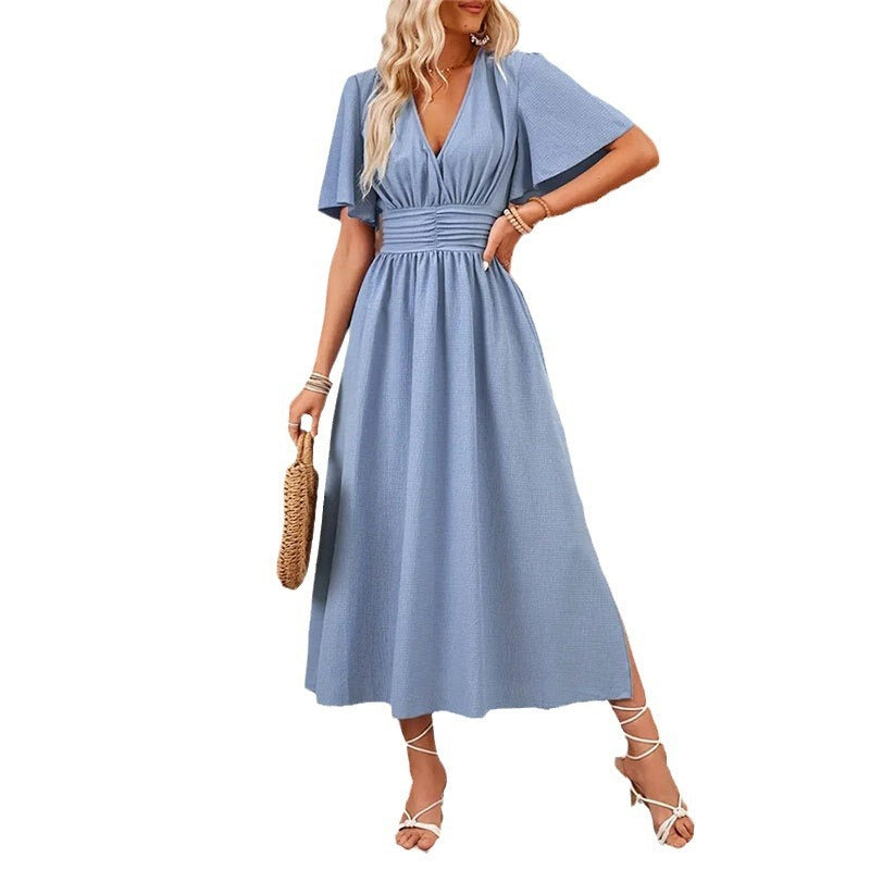 EMMIE | Elegante Zwarte Maxi Jurk met V-Hals en Korte Mouwen – Perfect voor Zomer & Strand