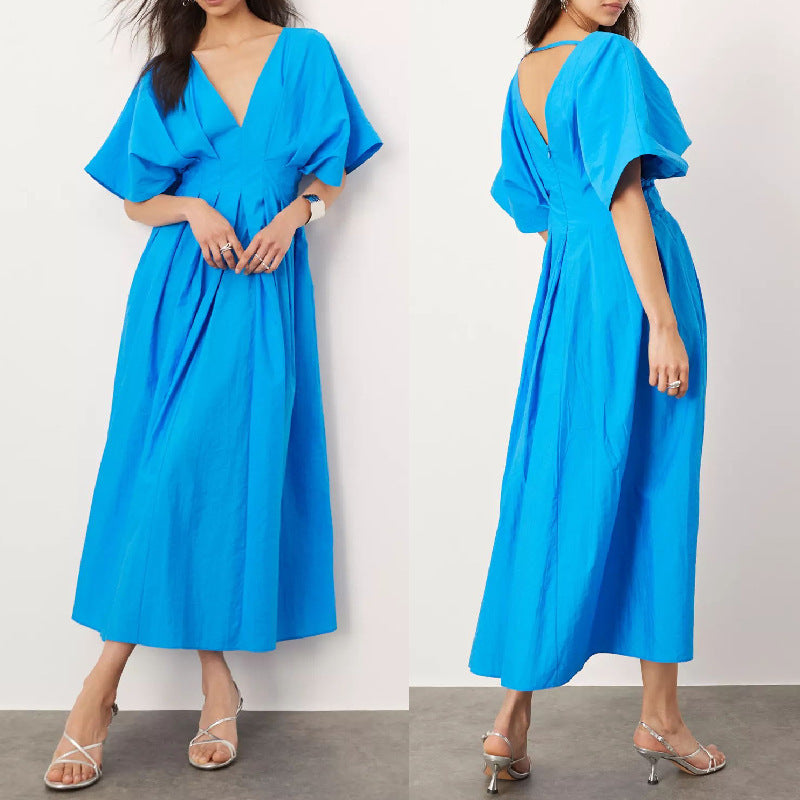 VIEN | Hemelsblauwe Maxi Jurk Dames – Elegante Zomerjurk Met V-Hals en Vlindermouwen