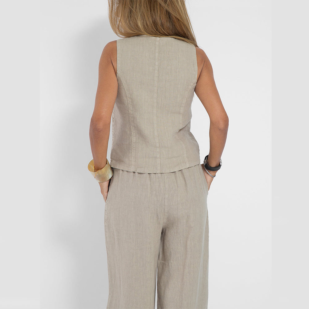 BENTHE | Twee-Delige Linnen Look Set – Gilet met Wijde Broek voor Dames