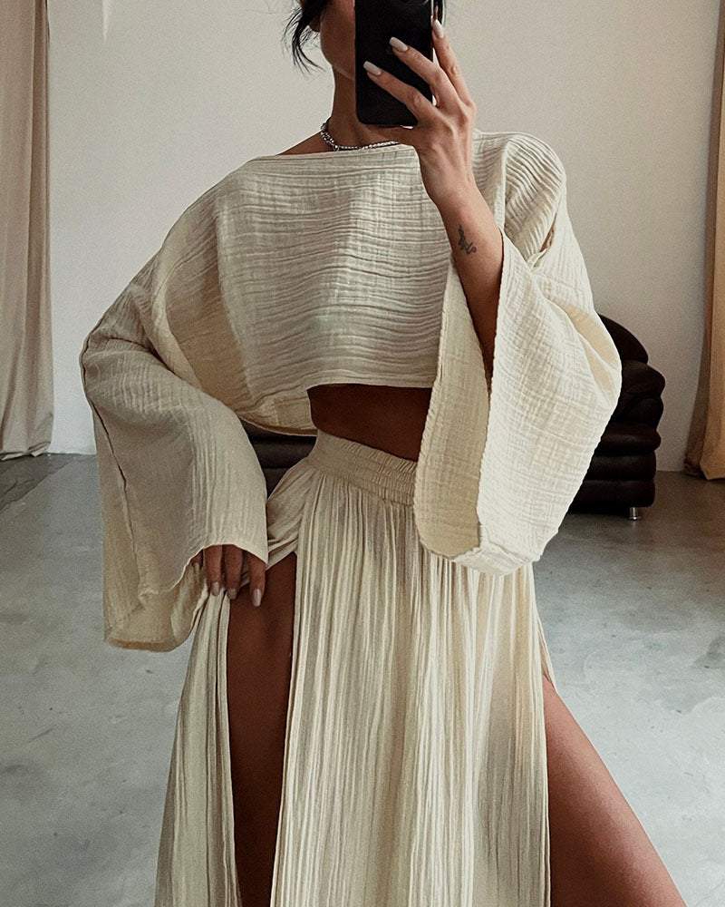 MANON | Off Shoulder Set met Maxi Split Rok – Zomerse Dames Co-ord Set